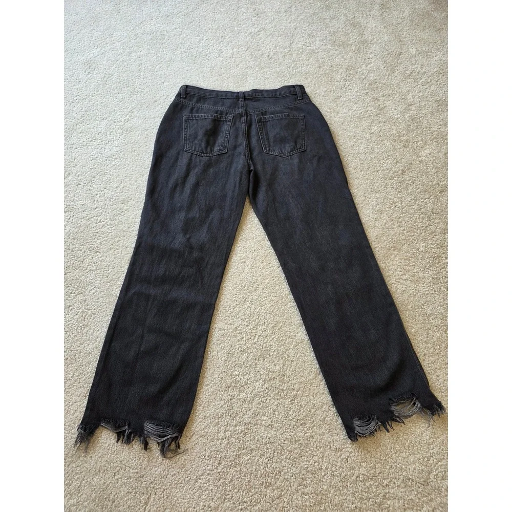 We The Free Women Black Distressed Straight Leg Jeans High Rise Raw Hem Size 28